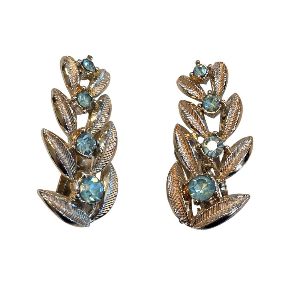 Vintage Gold Tone Leaf Clip-On Earrings‎ With Light Blue Rhinestones